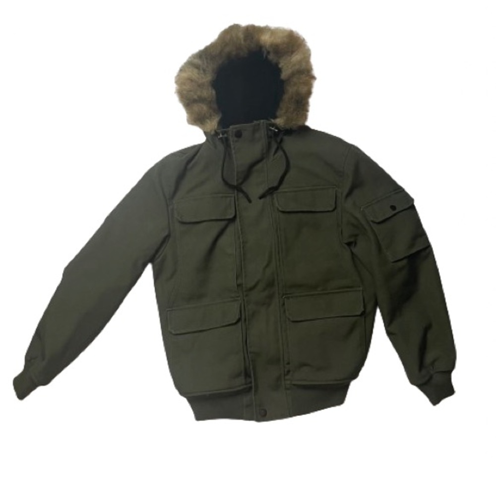 H&M Dark Khaki Green Thick Canvas fur Trim Hooded Coat Mens Size Small
